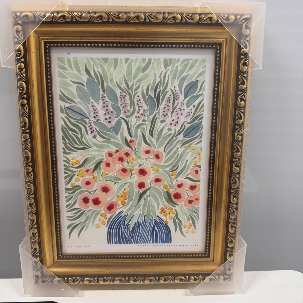 La Poire Peonies Floral Watercolor Art Print Ornate Gold Frame 8x10 New